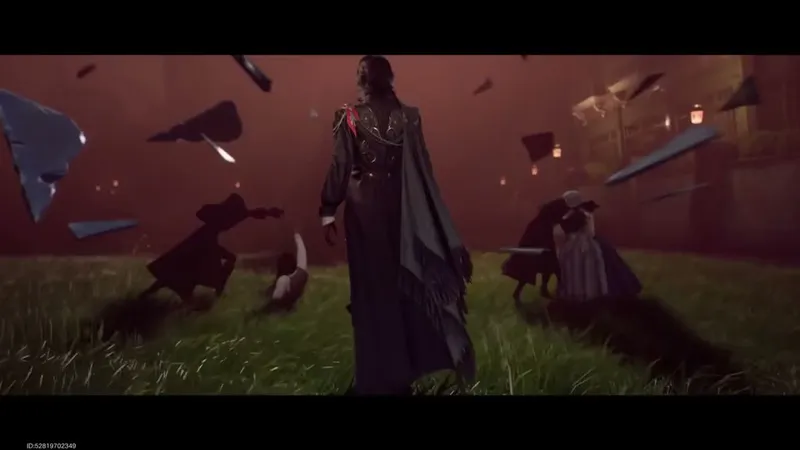 Leonard seen from behind in a long dark coat, standing among floating mirror shards while other characters crouch in a red-lit courtyard