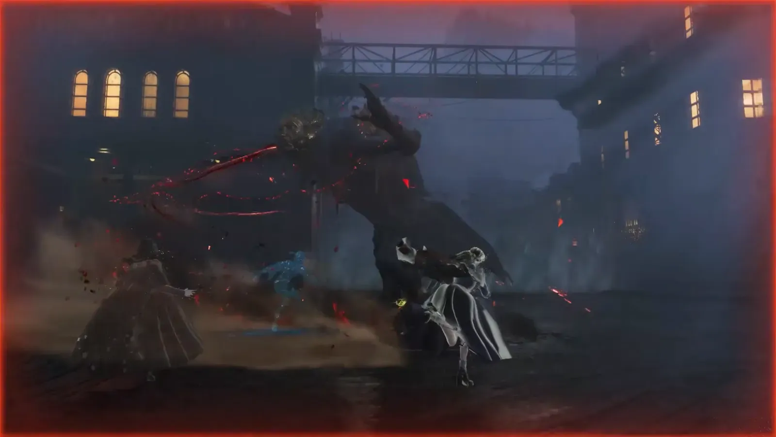 Group of players fighting a towering monster in a rainy industrial district