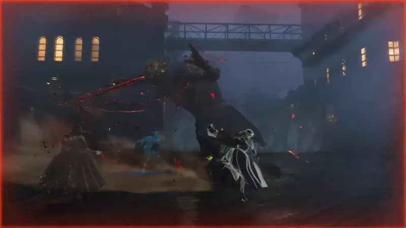 Group of players fighting a towering monster in a rainy industrial district
