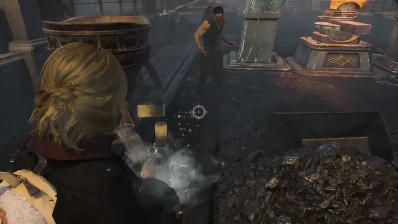 Third-person aiming with a revolver at enemies in a foundry