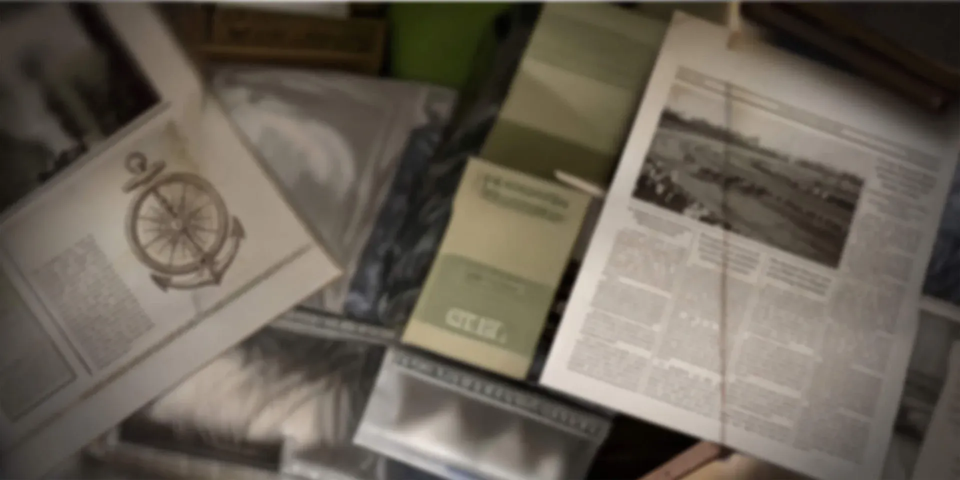 Official Lord of Mysteries website news artwork showing newspapers, a compass drawing and documents spread across a desk