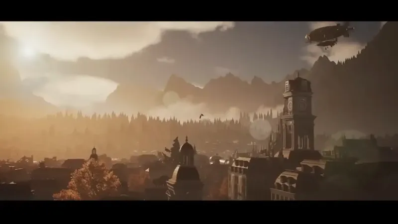 Zeppelin flying over a sepia city with a clock tower at dusk