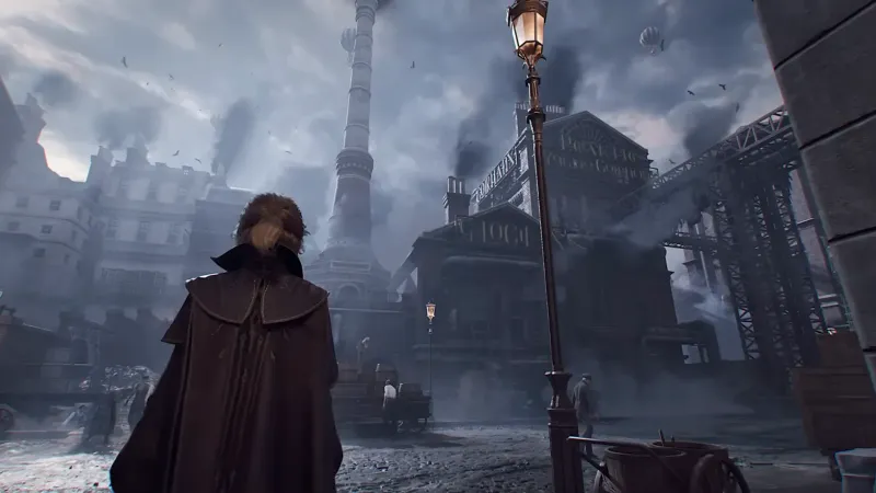 Cloaked figure under a gas lamp in a smoky industrial street