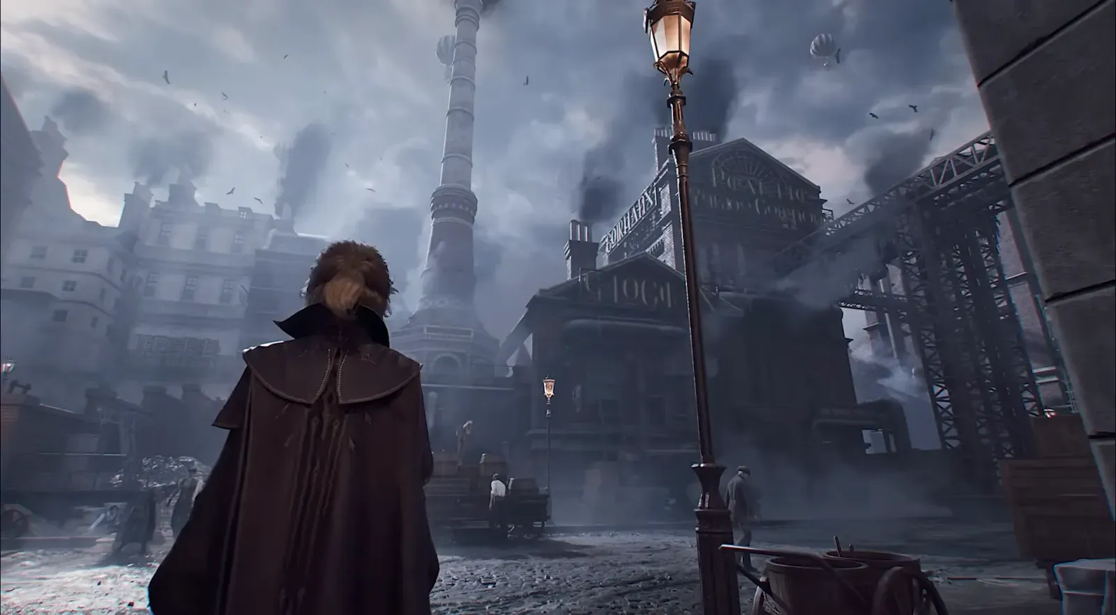 Cloaked figure under a gas lamp in a smoky industrial street