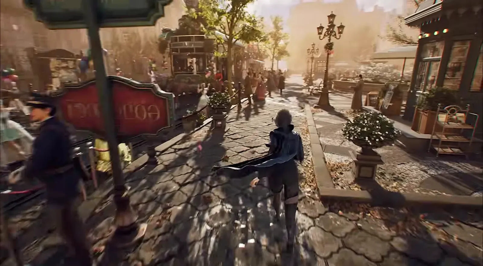 Player character walking through a sunlit Tingen festival street