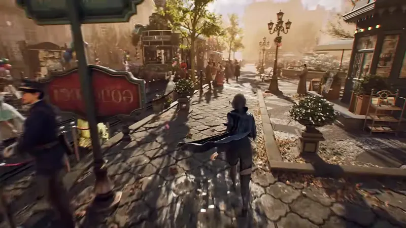 Player character walking through a sunlit Tingen festival street