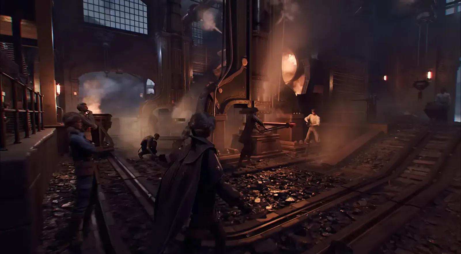 Industrial forge district with smoke and furnaces