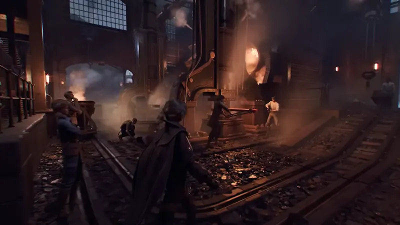 Industrial forge district with smoke and furnaces