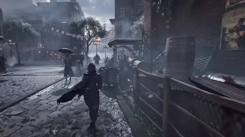 A rain-soaked Tingen street rendered in the Lord of Mysteries game