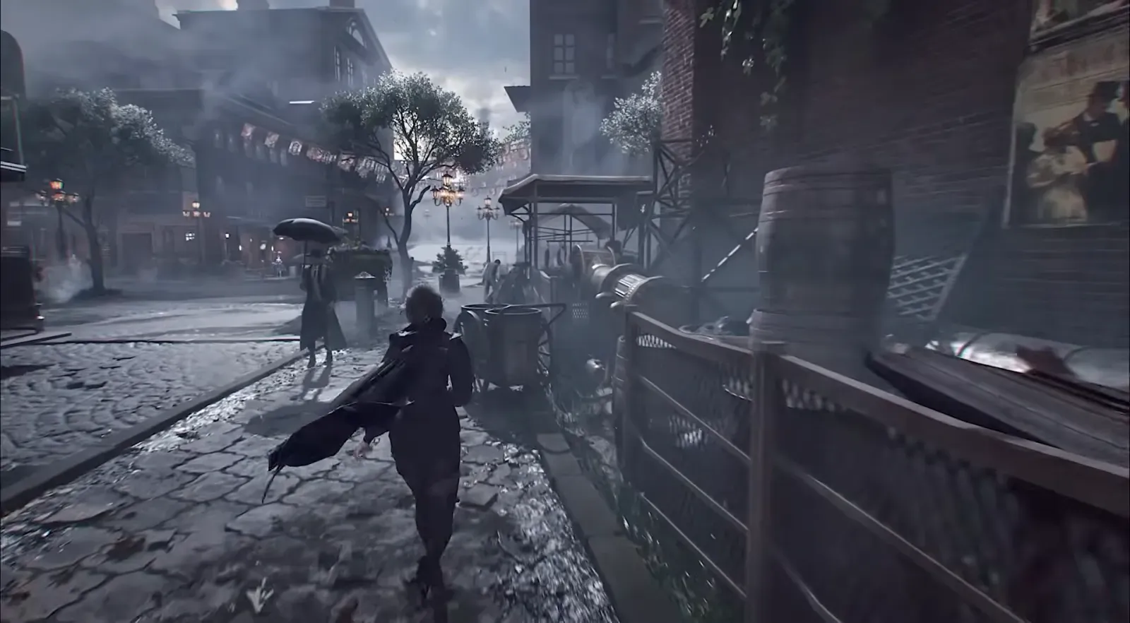 A rain-soaked Tingen street rendered in the Lord of Mysteries game