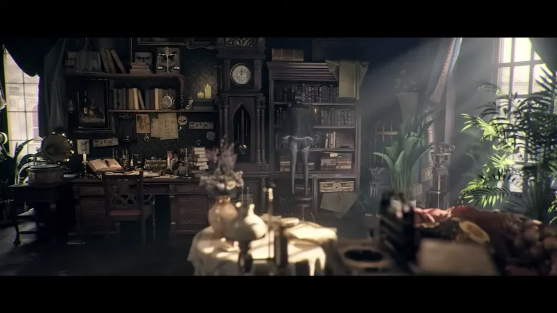 A sunlit Victorian study filled with books and occult instruments in Tingen