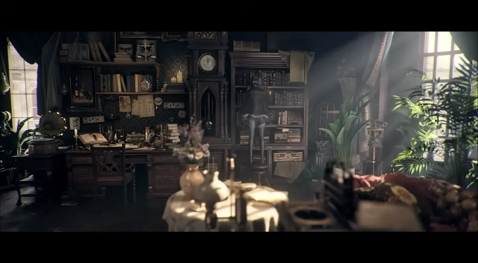 A sunlit Victorian study filled with books and occult instruments in Tingen