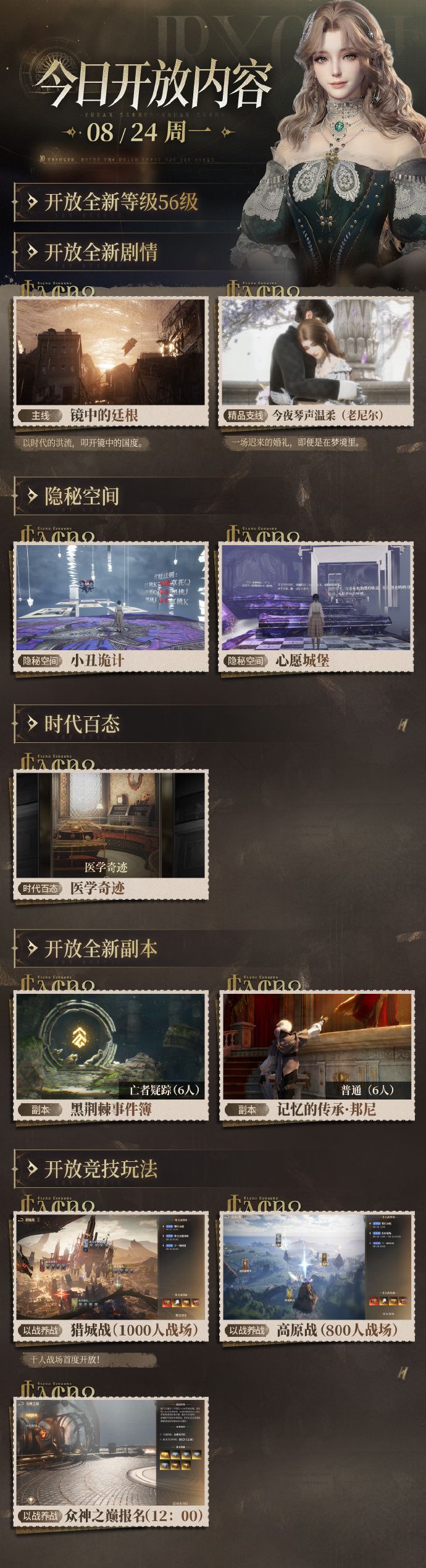 Chinese Lord of Mysteries August 24 update poster with level, quest, dungeon and PvP details
