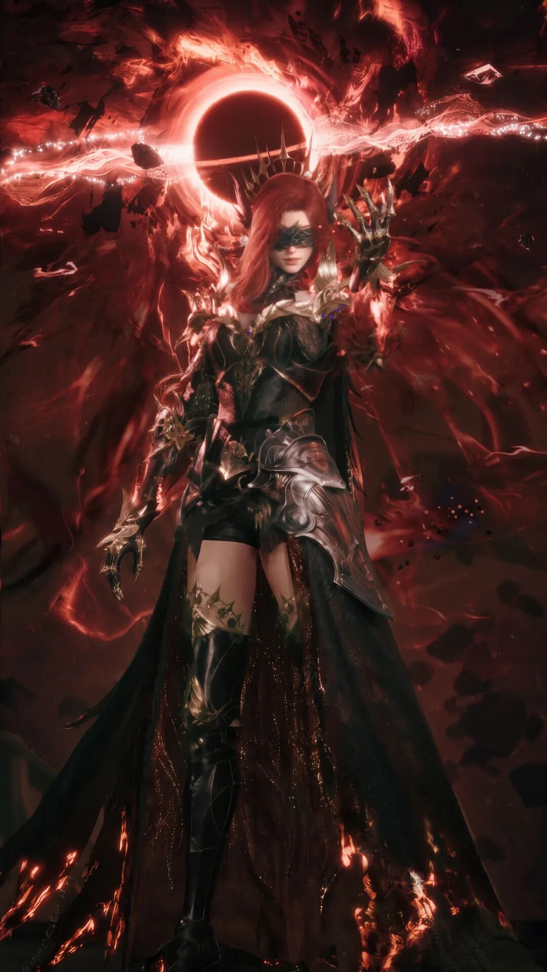 Red-haired character with a dark eye covering, spiked crown and black-and-gold armor, raising a clawed glove in front of a red eclipse