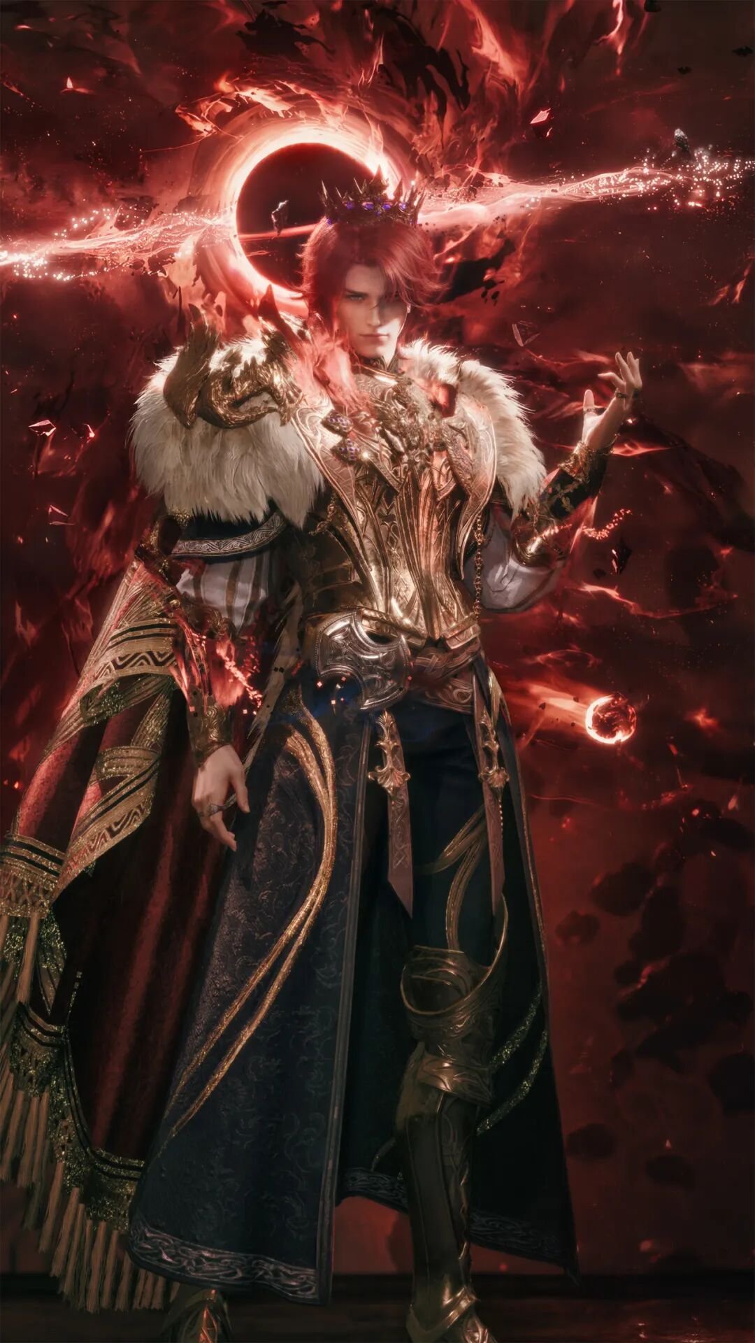 Red-haired character in a purple-studded crown, gold breastplate, white fur collar and long dark coat, standing before a red eclipse