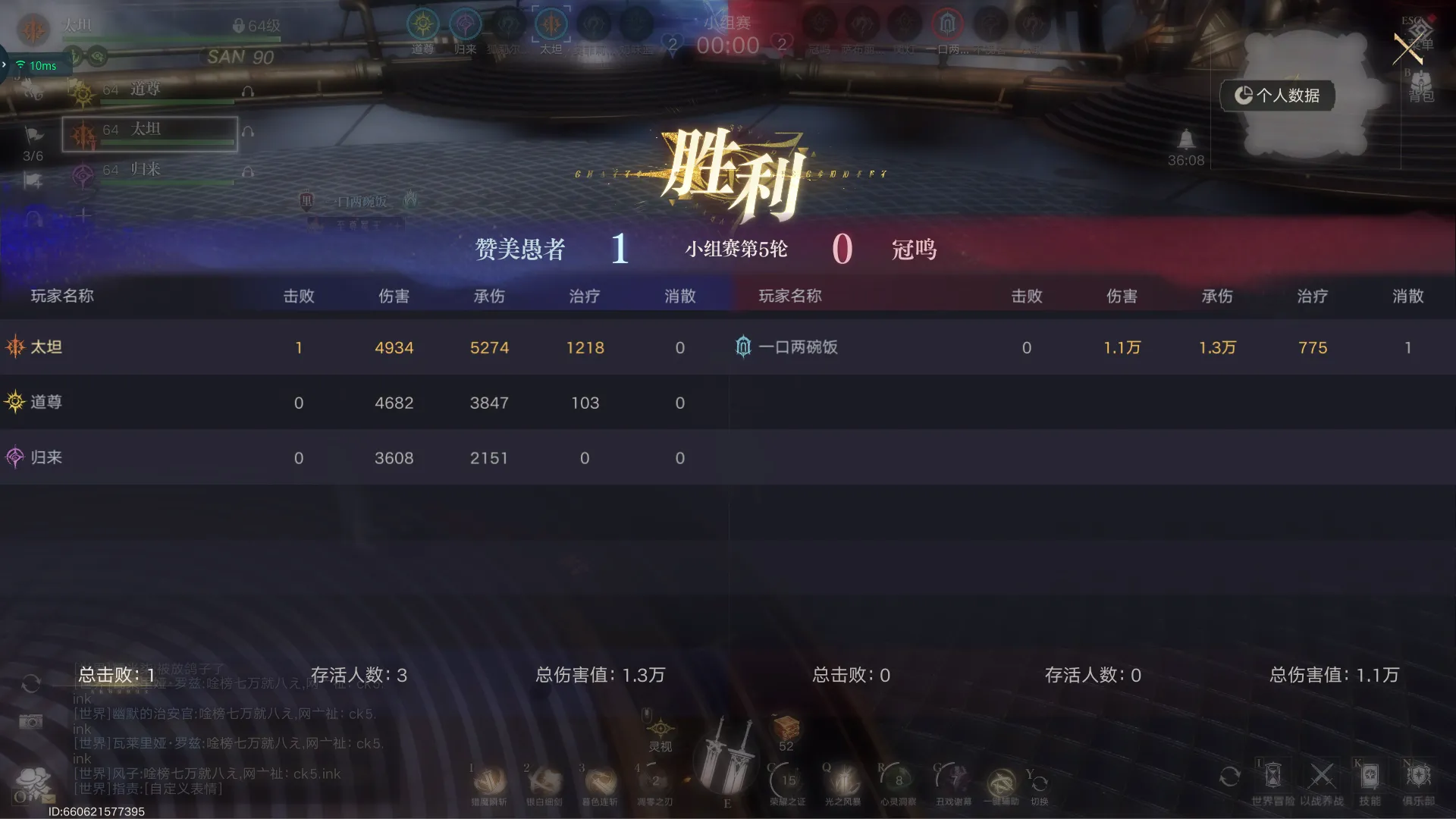 Lord of Mysteries Peak of the Gods round-five victory scoreboard with three surviving players on the blue team