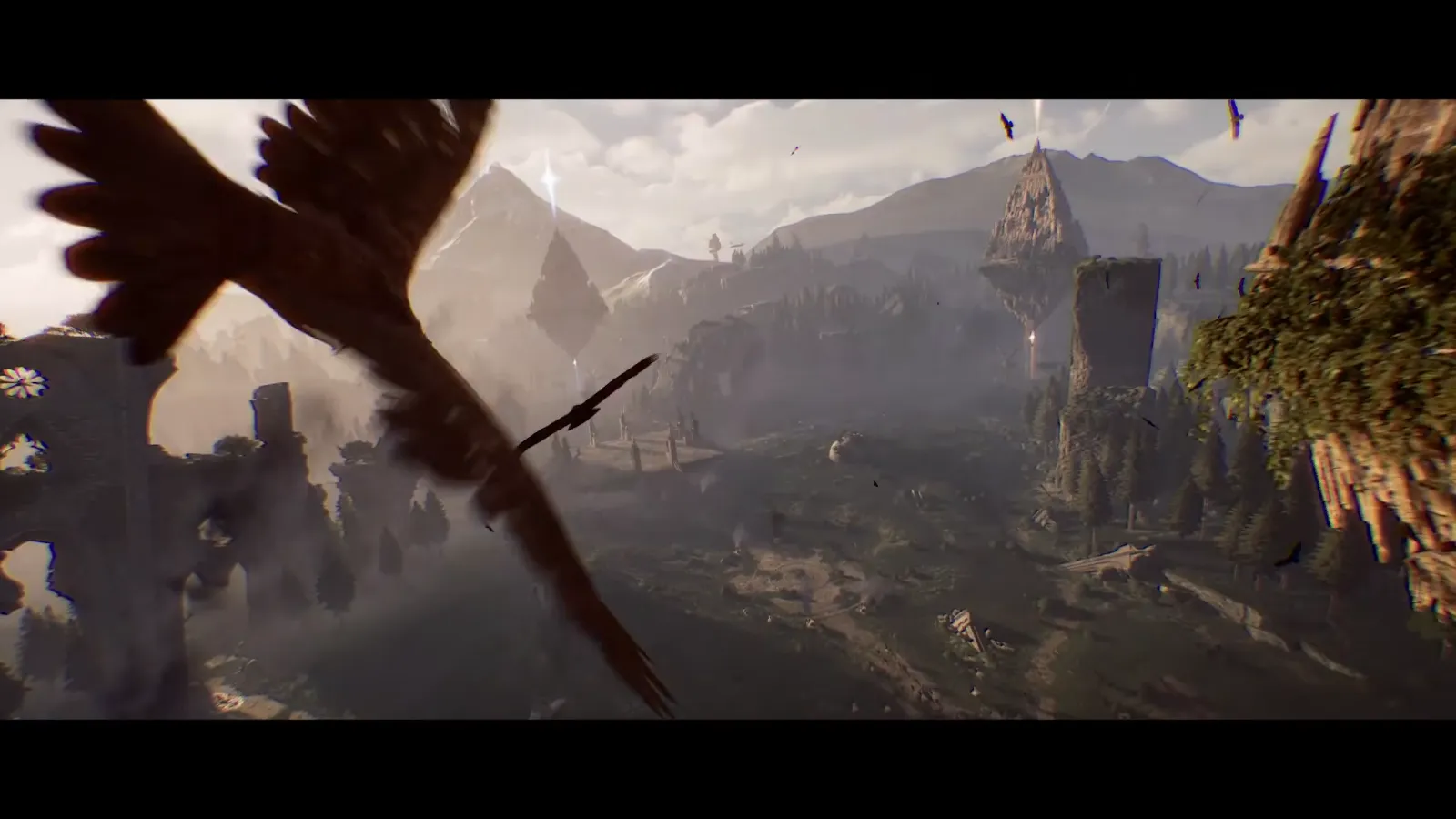 Flying over a canyon town on wings