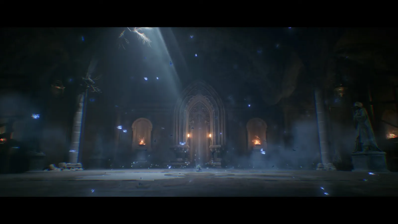 Vast dark cathedral hall with starlight