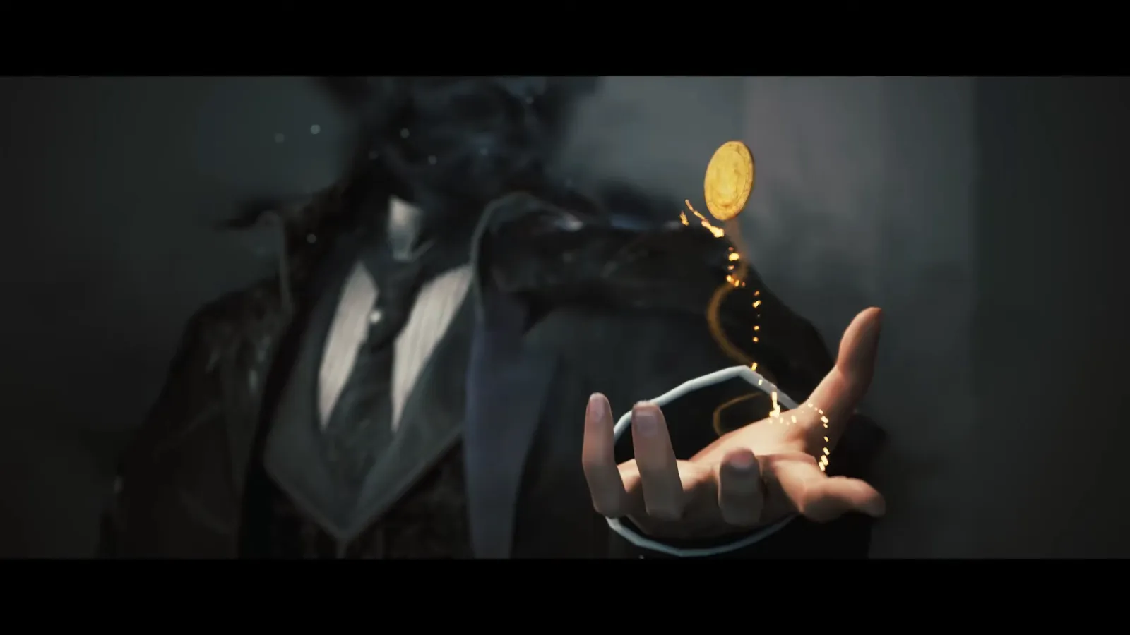 Gloved hand flipping a gold coin