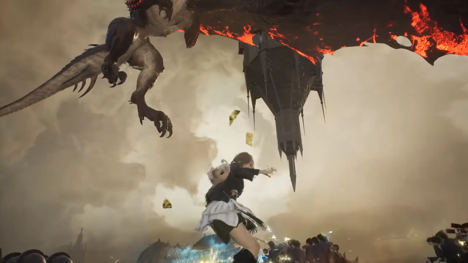 Red winged beast diving at a player on a rooftop plaza