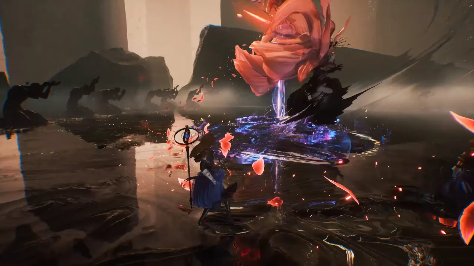Players fighting a flower-like boss in a flooded arena