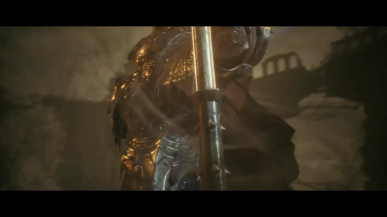 Golden armored giant knight with weapon