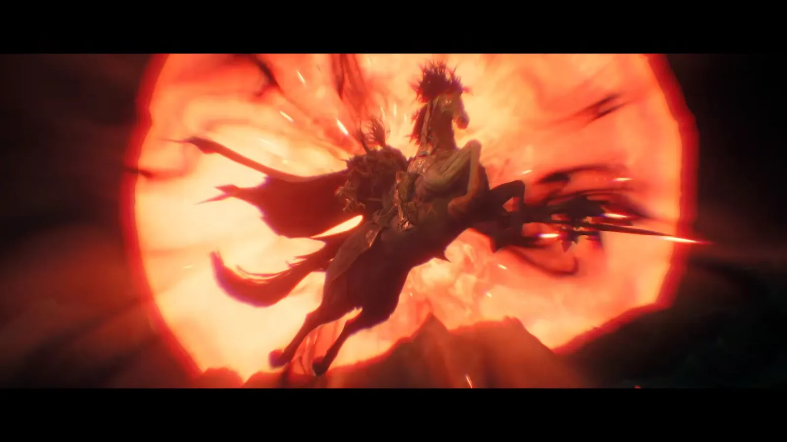 Skeletal knight on horseback silhouetted against a blood moon