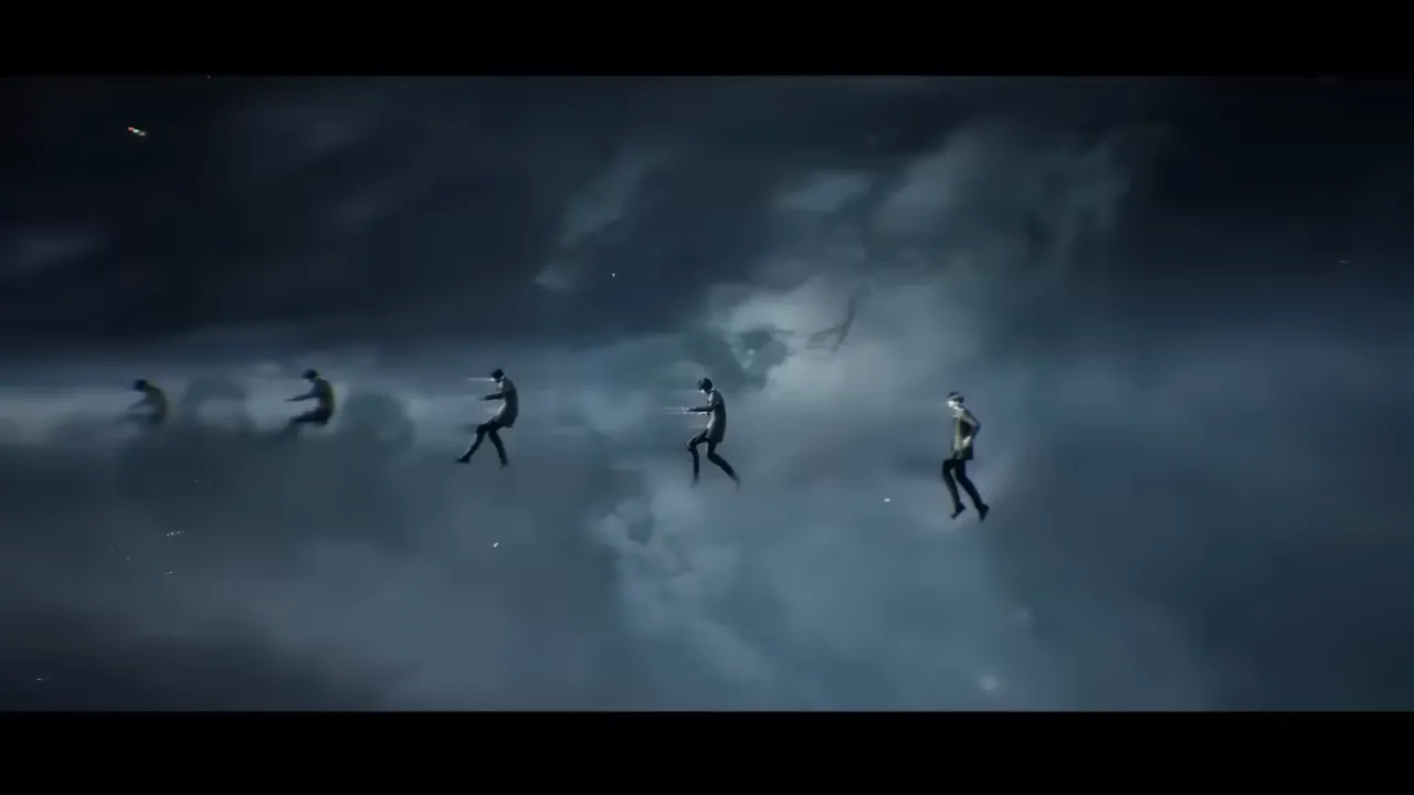 Figures falling through storm clouds