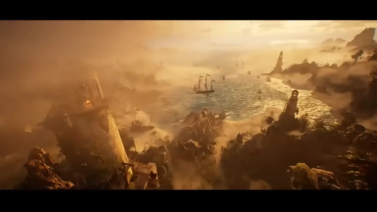 Golden coastal harbor with sailing ships among sea fog