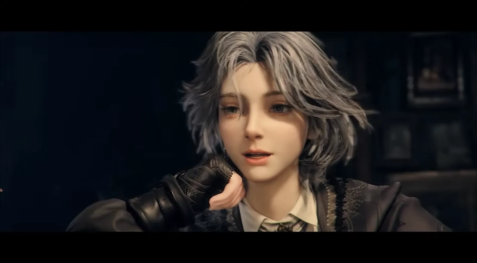 Grey-haired character posing in a study